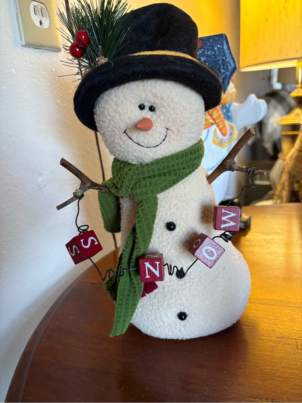 Hand Crafted White Snowman with Green Scarf and Black Hat